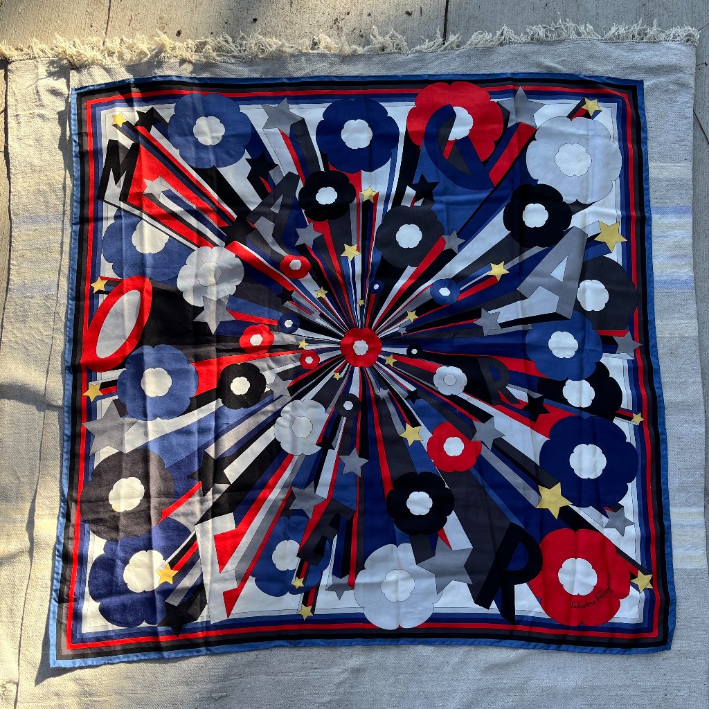 Salvatore Ferragamo 100% Silk Red White Blue Stars Burst Euc Lovely Handrolled !